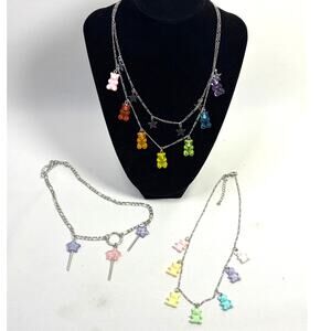 Silver Tone Gummy Bear Lollipop Stars Necklace Lot of 3 Layered Stars 14in-16in